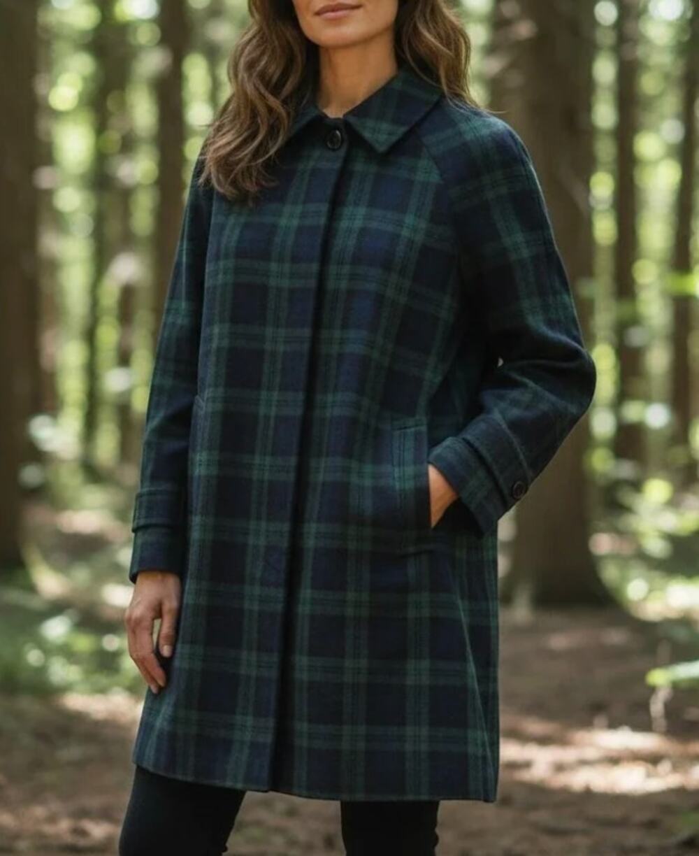 Talbots Tartan Plaid Trench Coat Navy Blue Green Twill Cotton 10 NEW
